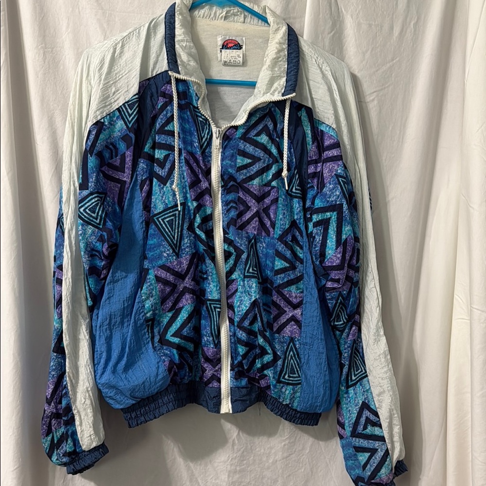 Retro Blue and White Bomber Jacket with Geometric Design